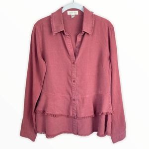 ANTHROPOLOGIE Cloth & Stone Tiered Peplum Ruffle Button Down Blouse Pink XS